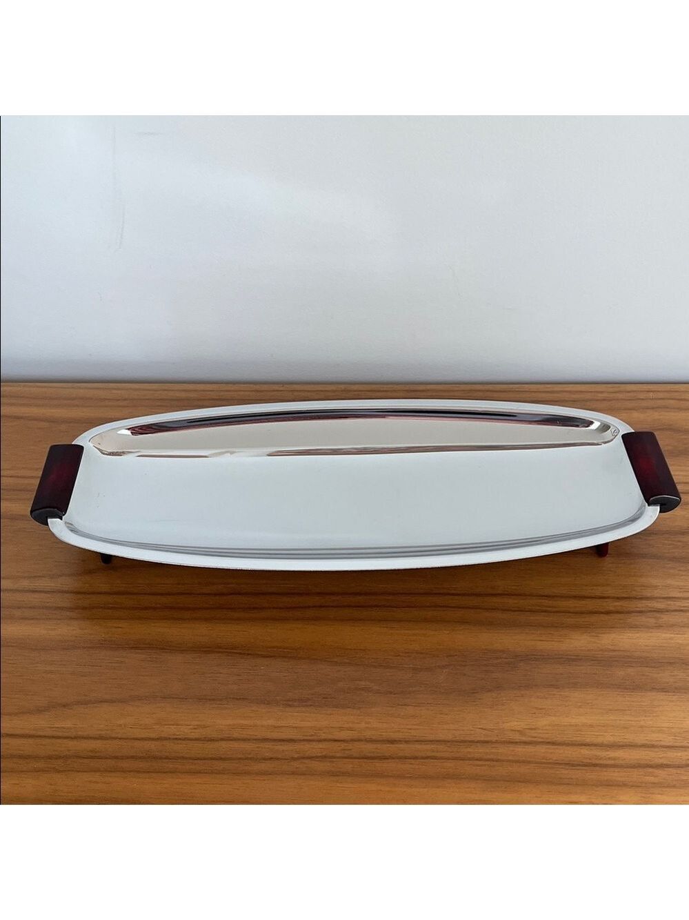 VINTAGE Glo-Hill Gourmates Chrome Bakelite Footed Serving Tray Dish Mid-Century